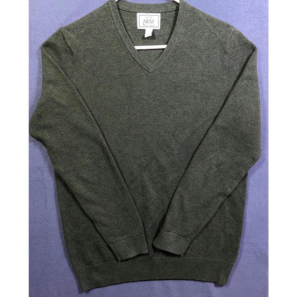 Jos A Bank 1905 Travelers Sweater Mens Medium Waffle Knit Green V-Neck Pullover